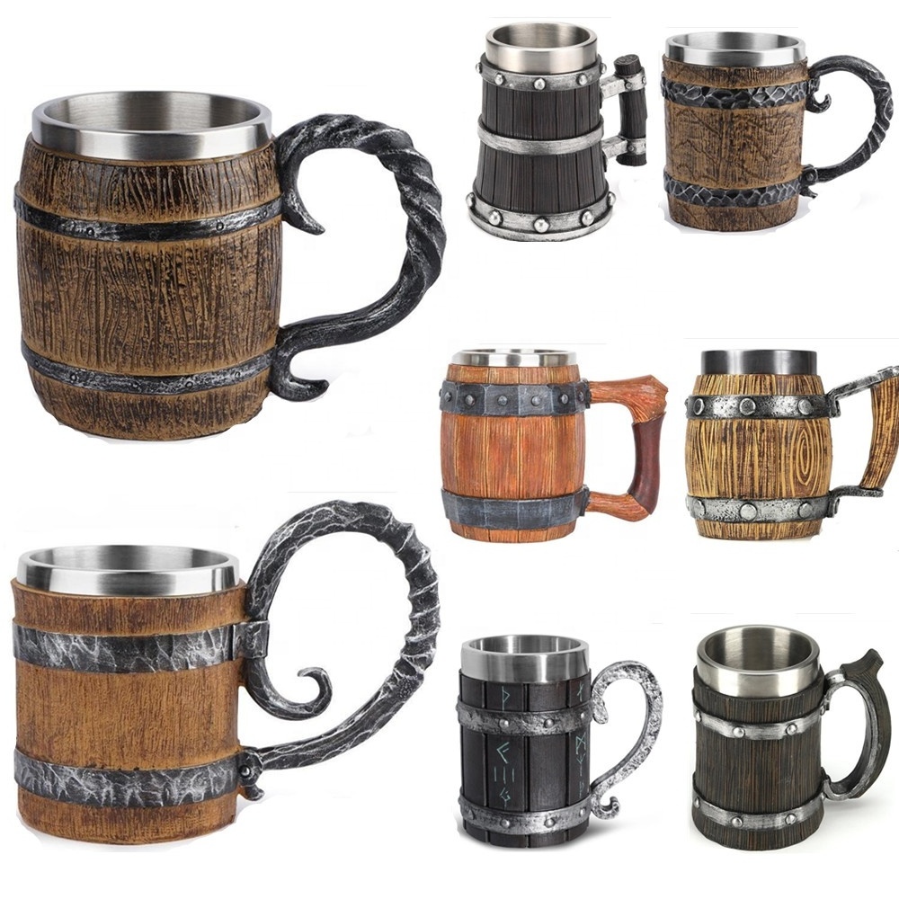 Medieval resin mug M03 Germany Beer barrel cup set Souvenir Bar Tools Stainless Steel tankard imitation wooden Wine Bucket Cup