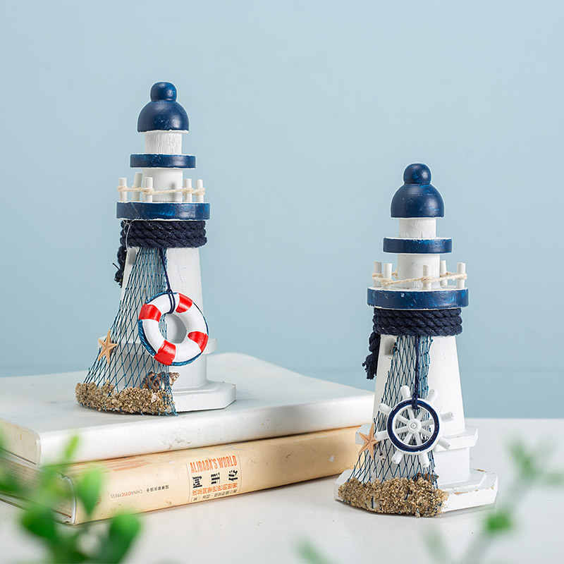 Wholesale Nautical Wooden crafts Huaqi HYI04 Mediterranean Style Ocean Small Lighthouse ornaments for Birthday gift