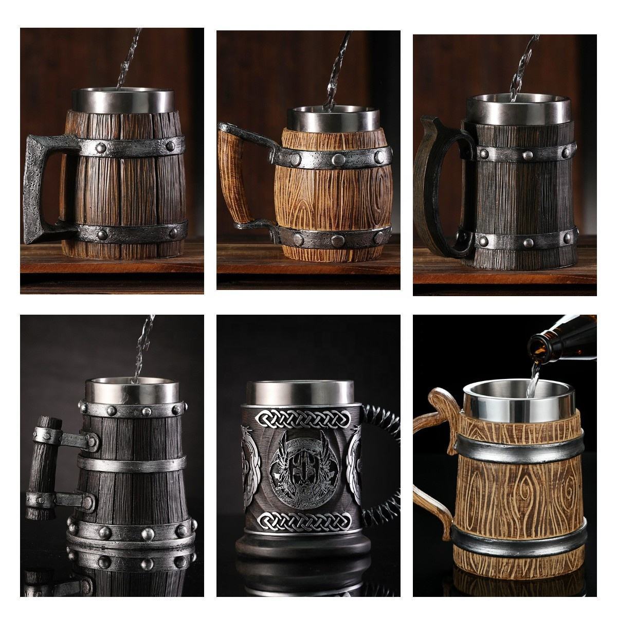 Medieval resin mug M03 Germany Beer barrel cup set Souvenir Bar Tools Stainless Steel tankard imitation wooden Wine Bucket Cup