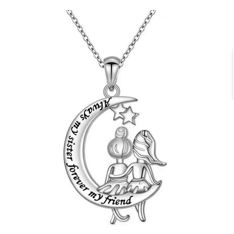 Angel Girl Custom Letters Sister Friendship Gifts Stainless Steel Moon Pendant Necklace