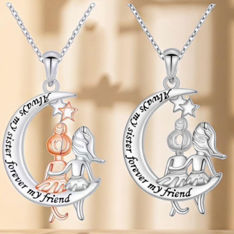 Angel Girl Custom Letters Sister Friendship Gifts Stainless Steel Moon Pendant Necklace