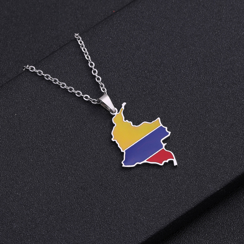 Enamel Stainless Steel Colombian Map Flag Pendant Necklaces Ethnic Jewelry