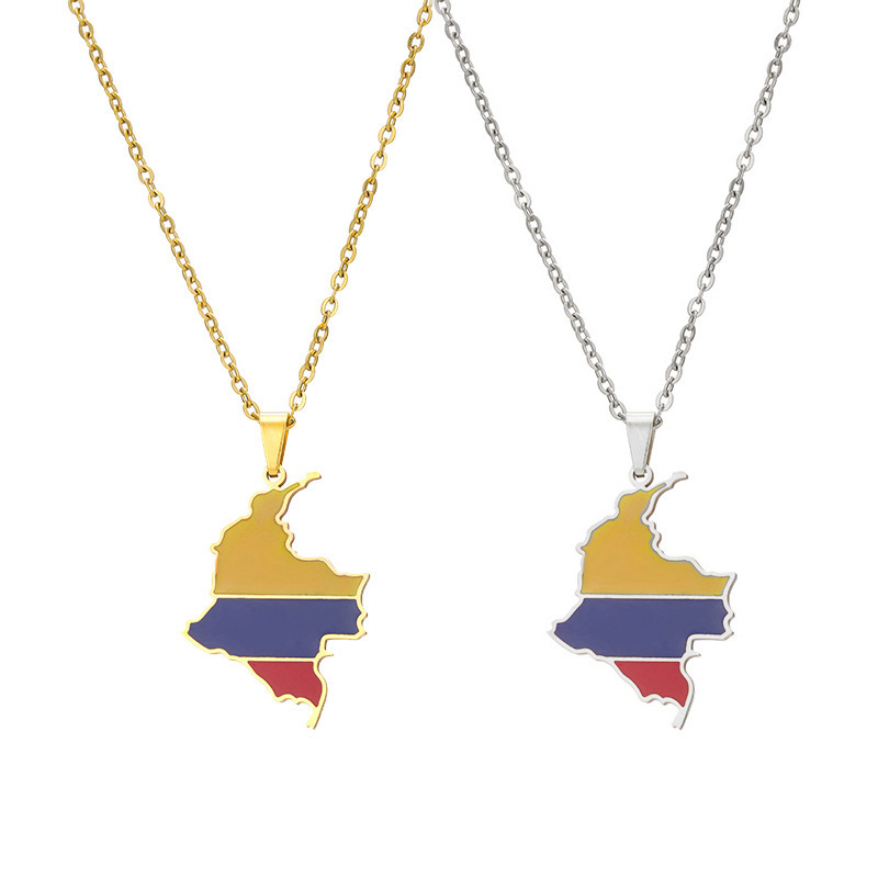 Enamel Stainless Steel Colombian Map Flag Pendant Necklaces Ethnic Jewelry