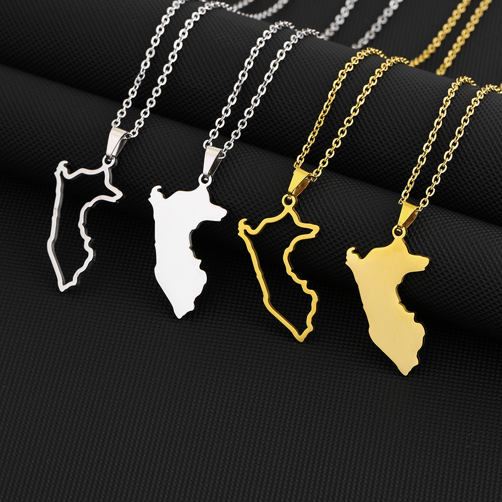 Gold Pendent Fashion Jewelry Unisex Stainless Steel Peru Map Necklace