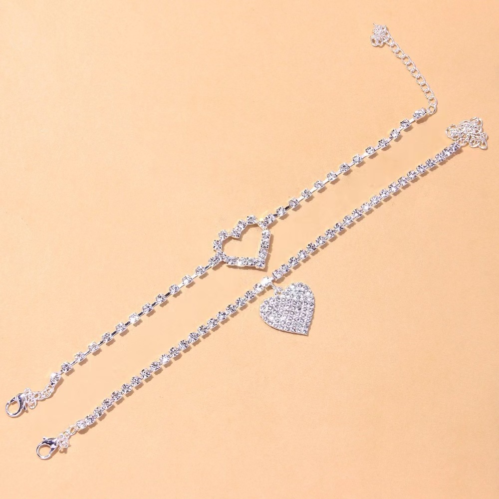 Beach Foot Charm Jewelry Rhinestone Heart Pendent Link Chain Anklet for Women