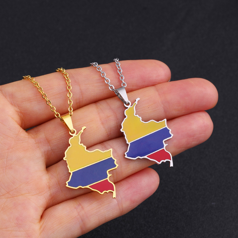 Enamel Stainless Steel Colombian Map Flag Pendant Necklaces Ethnic Jewelry