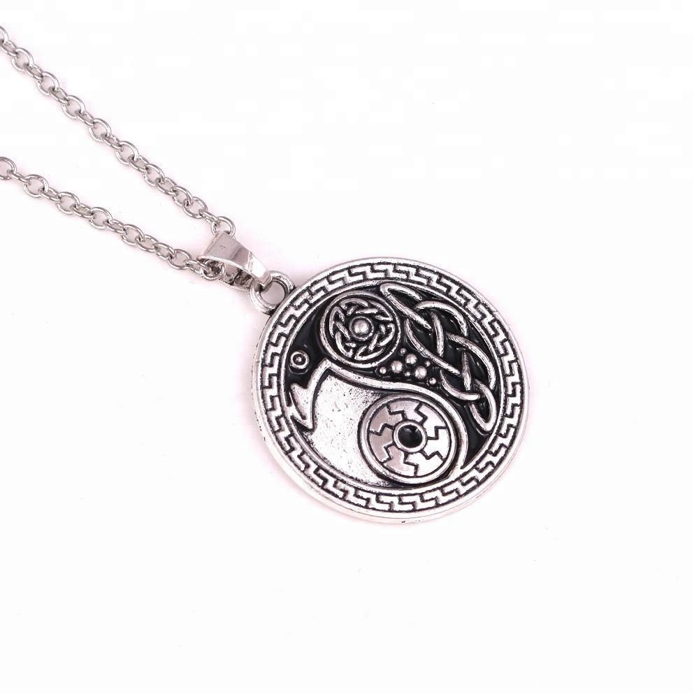 N0576 Vintage Jewelry Celtic Raven Pendant - Morrigan Crow Yin Yang Amulet Cross Chain Necklace