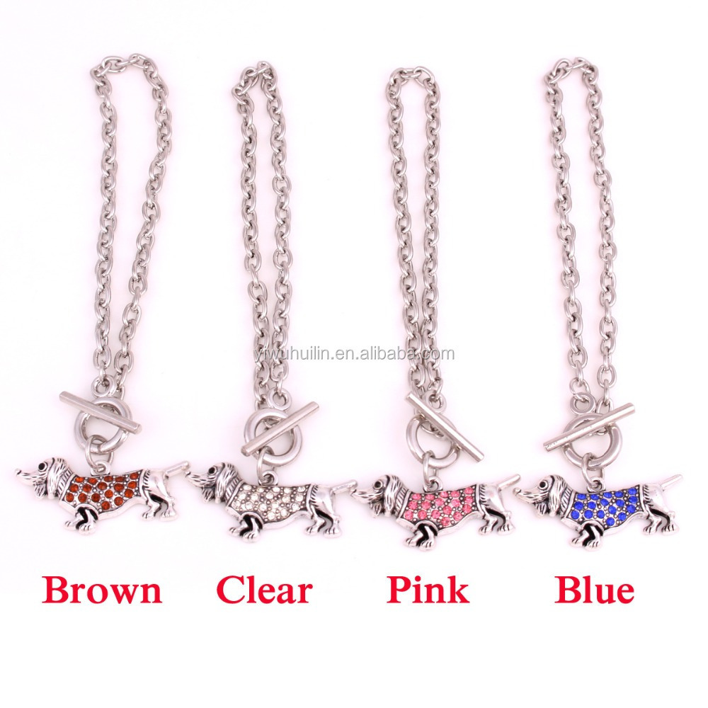 BA007 Silver Tone Blue pink brown clear Rhinestone Dachshund Charm Bracelet Fashion Animal Jewelry