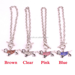 BA007 Silver Tone Blue pink brown clear Rhinestone Dachshund Charm Bracelet Fashion Animal Jewelry