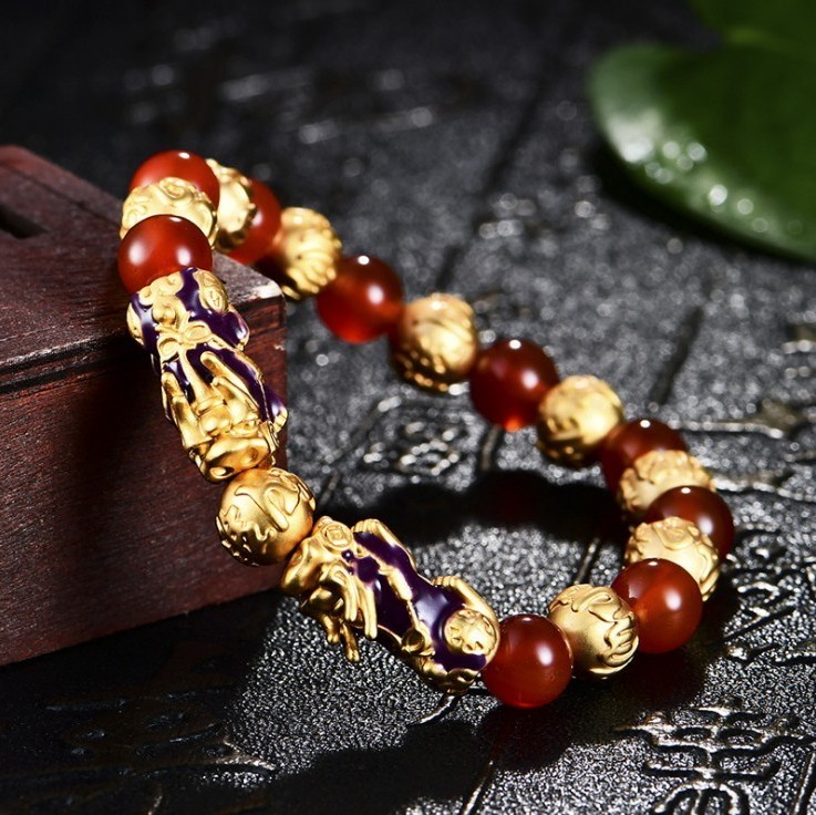 ZN001 Vietnam Gold Colour Luck Pixiu Charm Natural Red Agate Buddha Beads Feng Shui Bracelet Religious Animal Jewelry