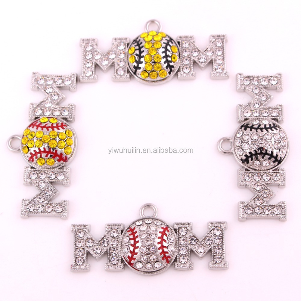 P500258 Yiwu Huilin jewelry Mother's Day Gift Alloy Metal Multicolor Crystal MOM And Baseball Sports Charms Pendant