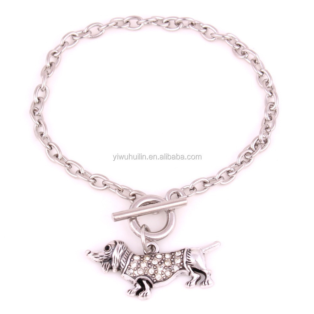 BA007 Silver Tone Blue pink brown clear Rhinestone Dachshund Charm Bracelet Fashion Animal Jewelry