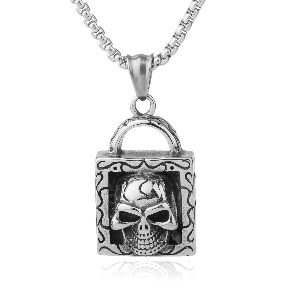 NS 055 Yiwu Huilin Jewelry lock shape skull pendant 316L Stainless Steel silver plated necklace men