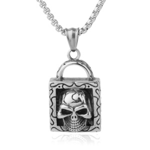 NS 055 Yiwu Huilin Jewelry lock shape skull pendant 316L Stainless Steel silver plated necklace men