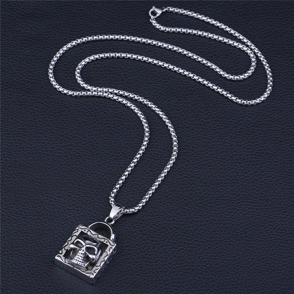 NS 055 Yiwu Huilin Jewelry lock shape skull pendant 316L Stainless Steel silver plated necklace men