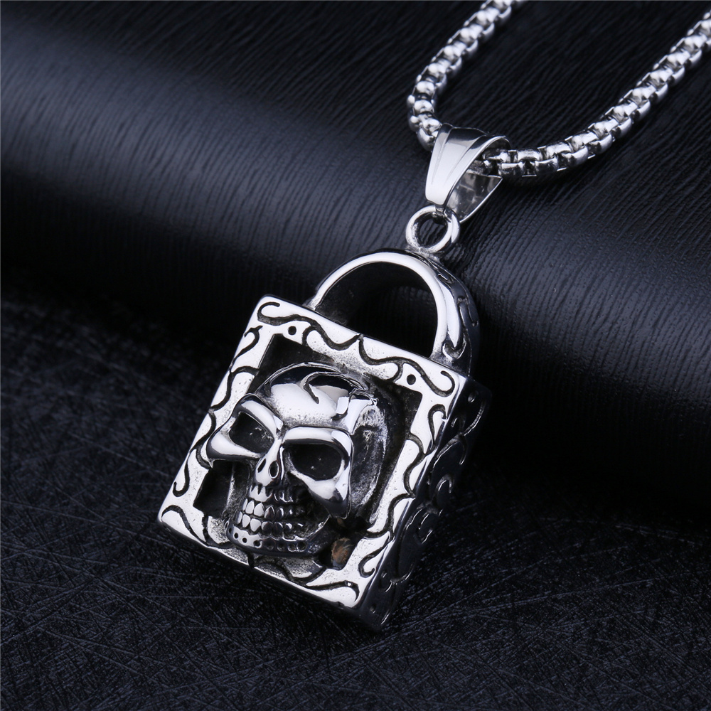 NS 055 Yiwu Huilin Jewelry lock shape skull pendant 316L Stainless Steel silver plated necklace men