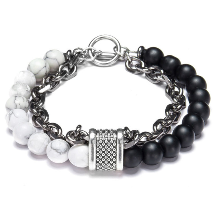 Custom Jewelry Fashion Accessories Natural Stone Men's Stainless Steel Beads Double Bracelet Handmade Bracelet