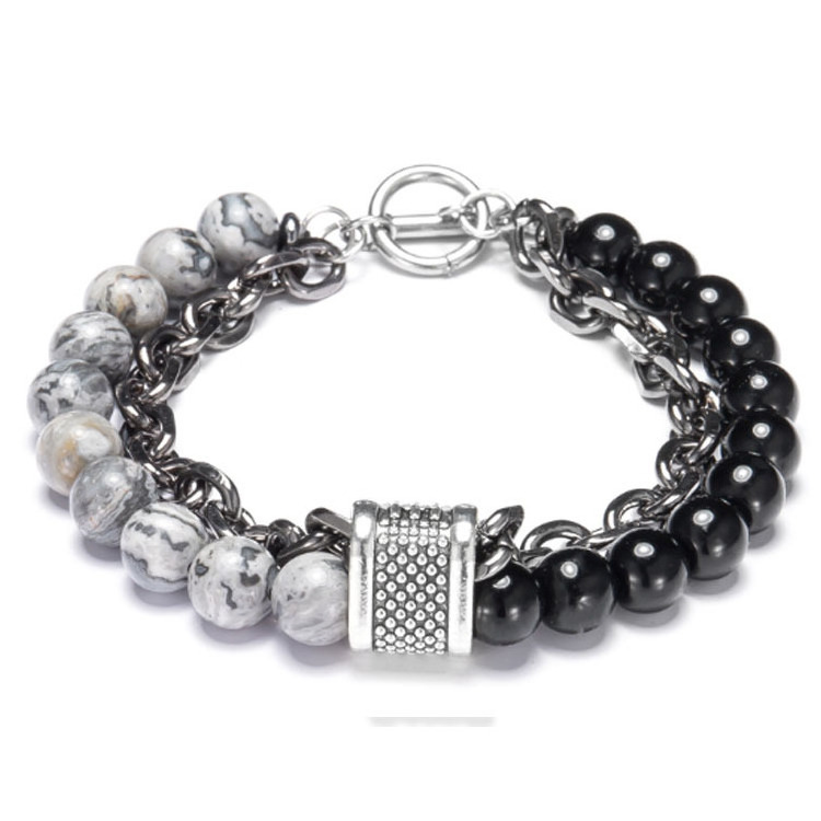 Custom Jewelry Fashion Accessories Natural Stone Men's Stainless Steel Beads Double Bracelet Handmade Bracelet