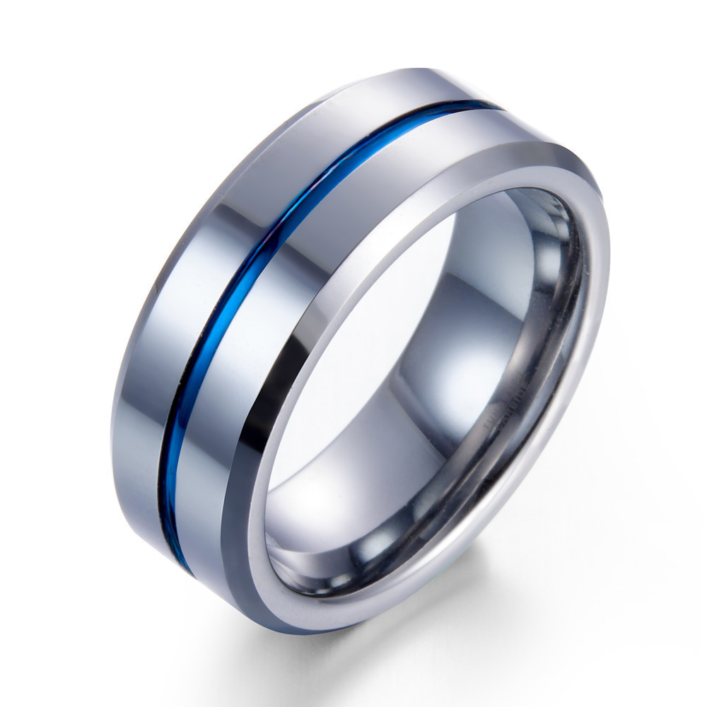 Fashion Customized Wholesale 8MM Tungsten Steel Blue Rings Hipster Personality Ring for men