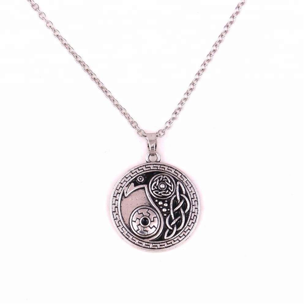 N0576 Vintage Jewelry Celtic Raven Pendant - Morrigan Crow Yin Yang Amulet Cross Chain Necklace