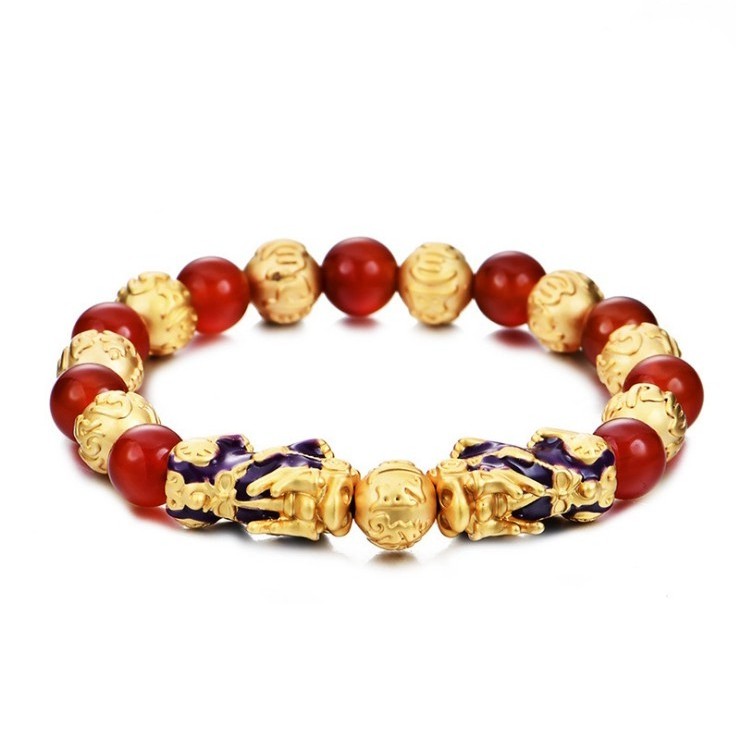 ZN001 Vietnam Gold Colour Luck Pixiu Charm Natural Red Agate Buddha Beads Feng Shui Bracelet Religious Animal Jewelry