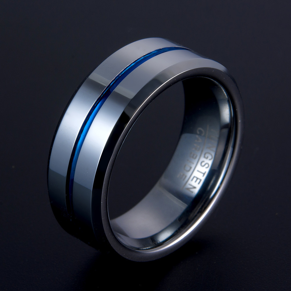 Fashion Customized Wholesale 8MM Tungsten Steel Blue Rings Hipster Personality Ring for men