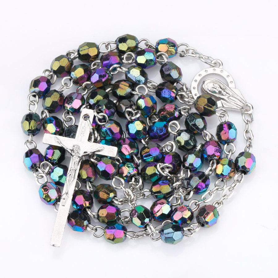 NX435 Huilin Hotsale Catholic INRI Rosary Necklace 6mm acrylic beads Christ Jesus mother Maria Cross rosary Necklace