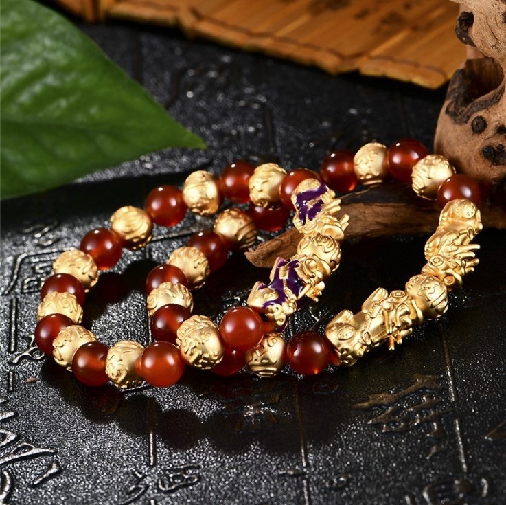 ZN001 Vietnam Gold Colour Luck Pixiu Charm Natural Red Agate Buddha Beads Feng Shui Bracelet Religious Animal Jewelry