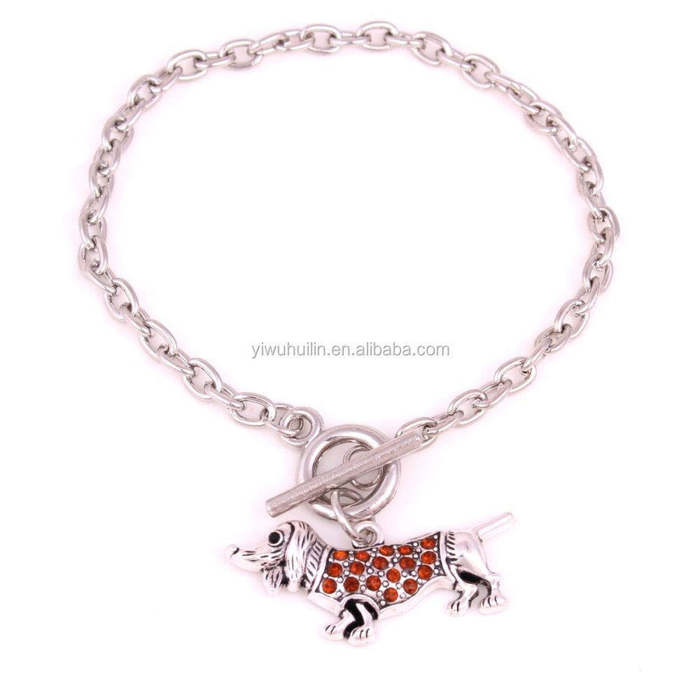 BA007 Silver Tone Blue pink brown clear Rhinestone Dachshund Charm Bracelet Fashion Animal Jewelry