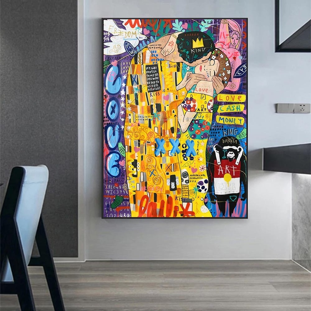 handmade artwork Banksy Gustav Klimt Kiss Graffiti Street Posters Wall Art Famous canvas pop art oil painting