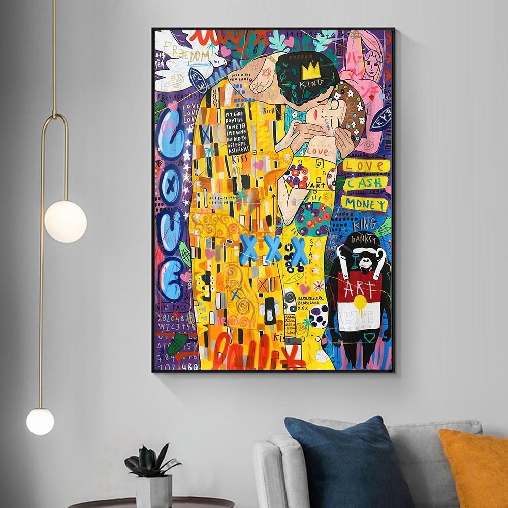 handmade artwork Banksy Gustav Klimt Kiss Graffiti Street Posters Wall Art Famous canvas pop art oil painting