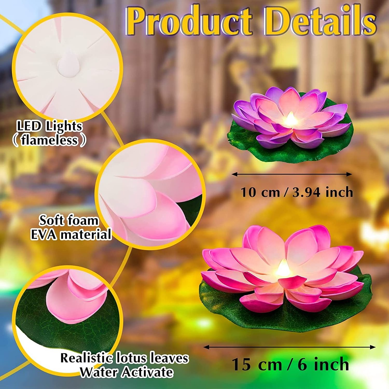 5.91 Inch 6 Pack Floating Pool Lights Lotus Flower Lantern Artificial Foam LED Lifelike Battery Operated Pond Decoration Candles