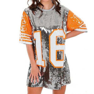 Custom Sparkling Sequin Beaded Jersey Women Casual Hip Hop T Shirt Dresses