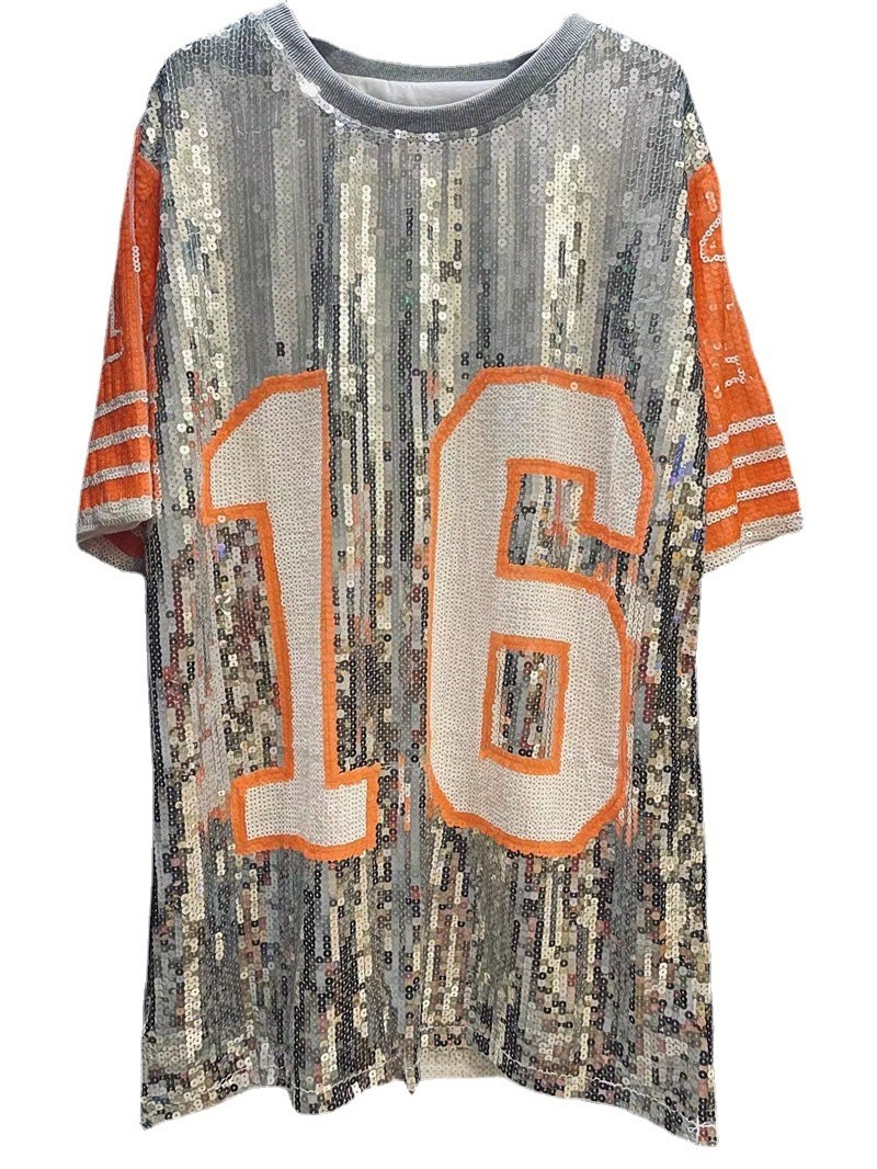 Custom Sparkling Sequin Beaded Jersey Women Casual Hip Hop T Shirt Dresses