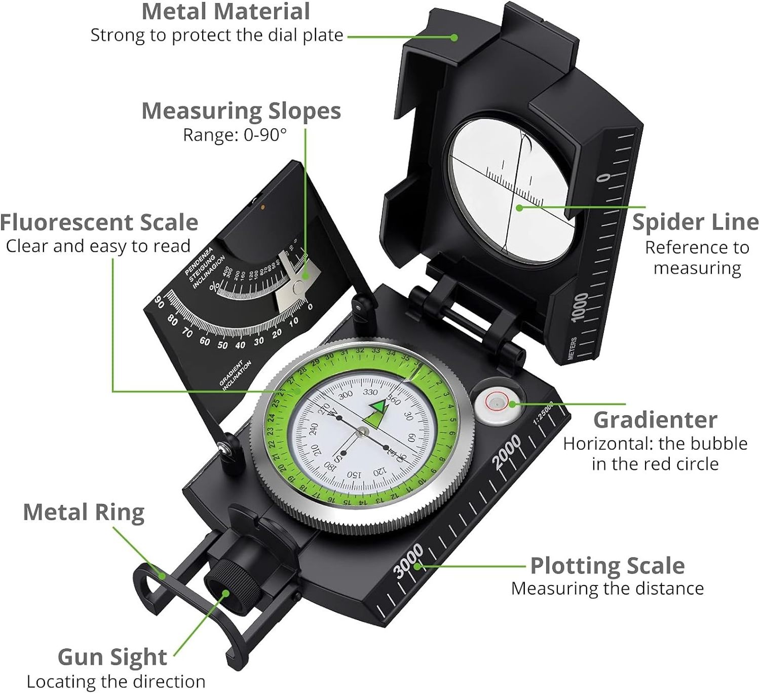 Outdoor Hiking Compass for Survival with Lensatic solar lights Waterproof Durable and Pocket-Sized