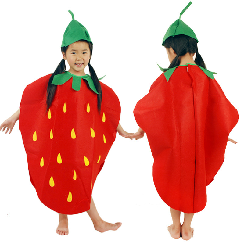 Strawberry  Poncho Outfits Costume for Kids with Headband Hand Basket Funny Fruit Costume for Halloween Cosplay Dress up Party