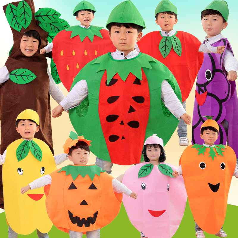 Strawberry  Poncho Outfits Costume for Kids with Headband Hand Basket Funny Fruit Costume for Halloween Cosplay Dress up Party