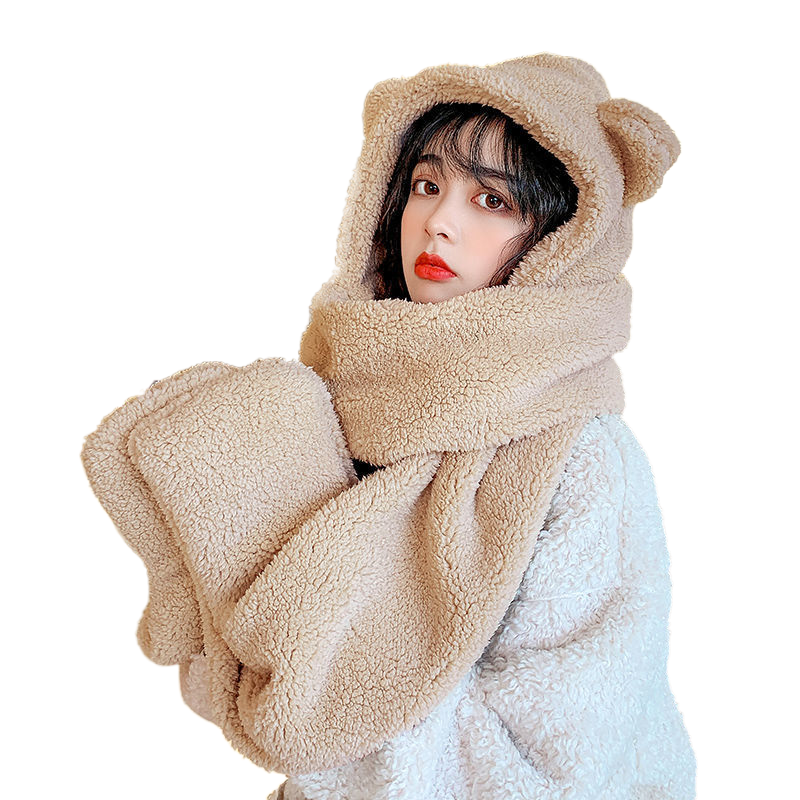 Women Winter bear hat hooded scarf Korean Furry Hat Scarf  One Piece Fur Lovely Thick Plush Scarf Warm Winter Hat