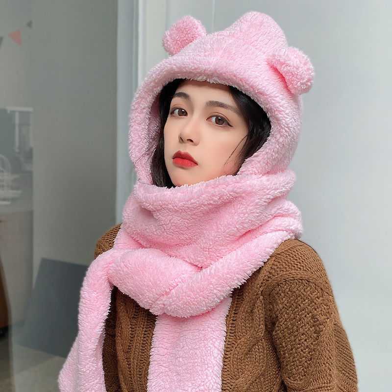 Women Winter bear hat hooded scarf Korean Furry Hat Scarf  One Piece Fur Lovely Thick Plush Scarf Warm Winter Hat