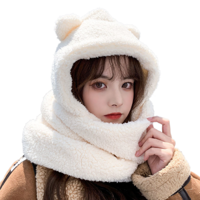 Women Winter bear hat hooded scarf Korean Furry Hat Scarf  One Piece Fur Lovely Thick Plush Scarf Warm Winter Hat