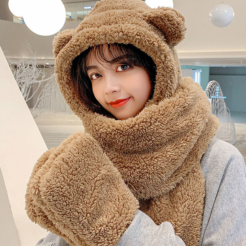 Women Winter bear hat hooded scarf Korean Furry Hat Scarf  One Piece Fur Lovely Thick Plush Scarf Warm Winter Hat