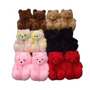 Cheap custom lovely animals plush slipper cute teddy bear bedroom indoor warm winter slipper for girls