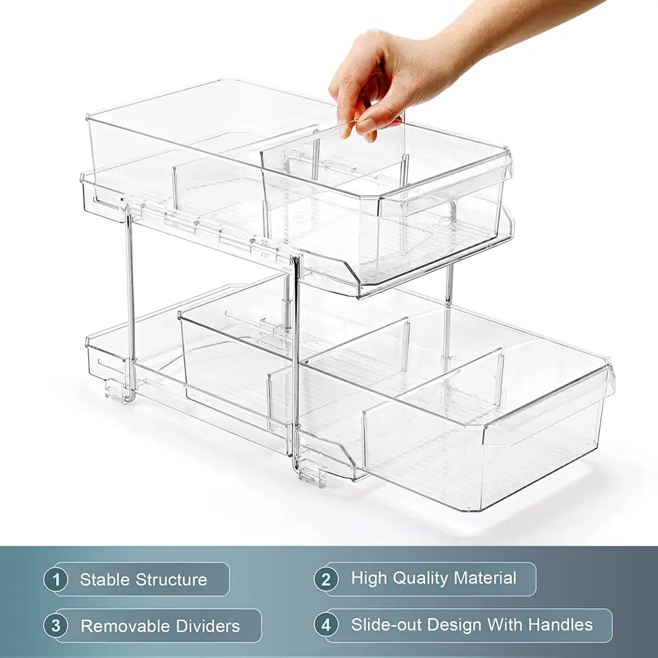 2 Tier Clear Acrylic Organizer With Dividers Slide-Out Storage Container Kitchen Pantry Medicine Cabinet Storage Bins