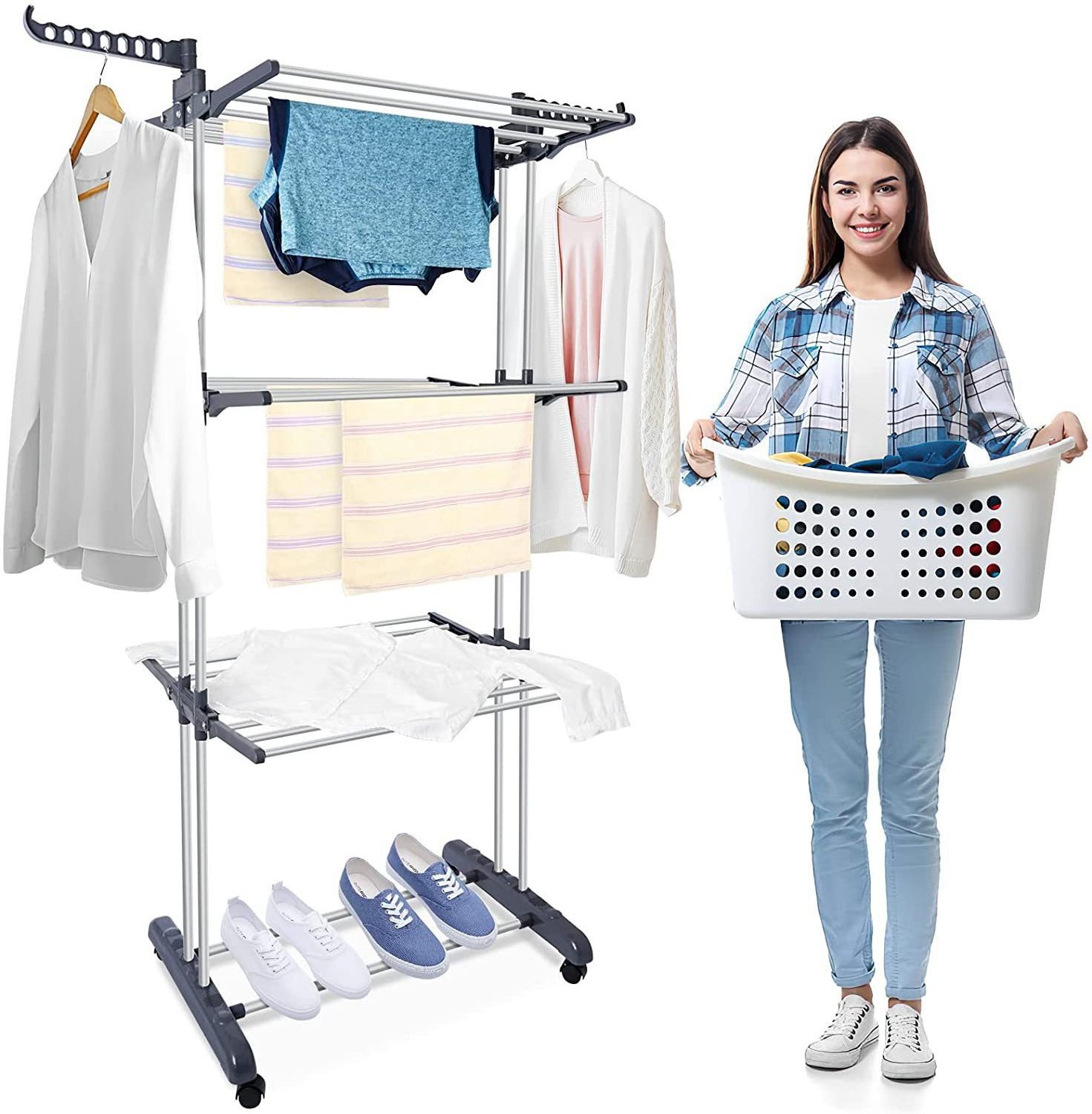 Foldable 3 Layers Adjustable Clotheslines Drying Rack Laundry Clothes Hanger Laundry Drying Rack