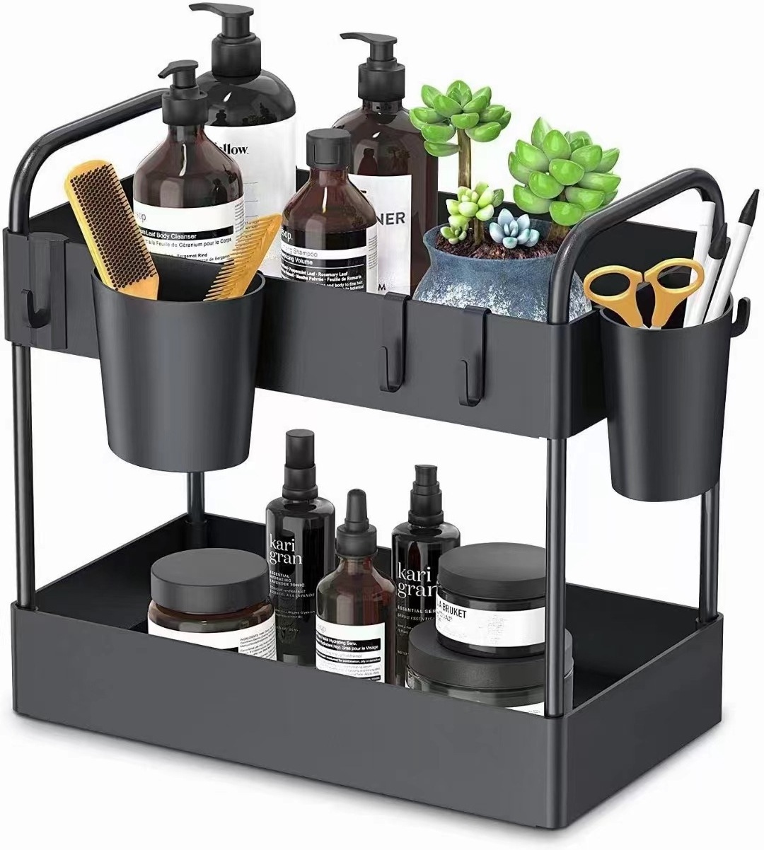 Popular Under Sink Organizer With Anti-slip Pads & Hooks 2 Tier Pull-Out Storage Rack Shower Caddy Shelf