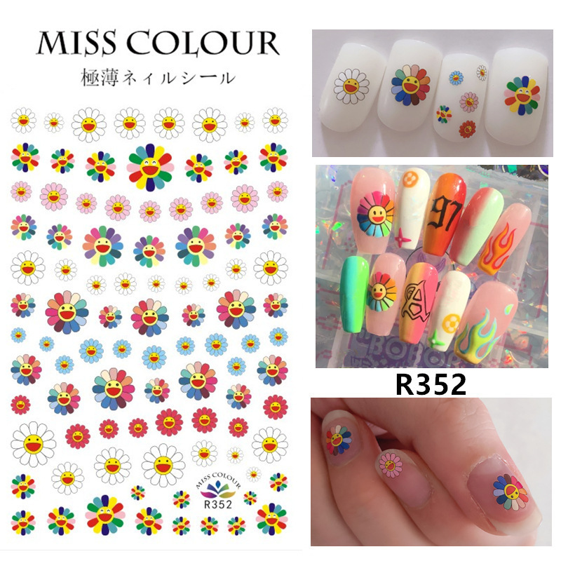 Graffiti Fun Nail Art Stickers Decal 3D Abstract Face Nail Decals Heart Sunflower Smiley Daisy Designs Nail Decorations Stickers