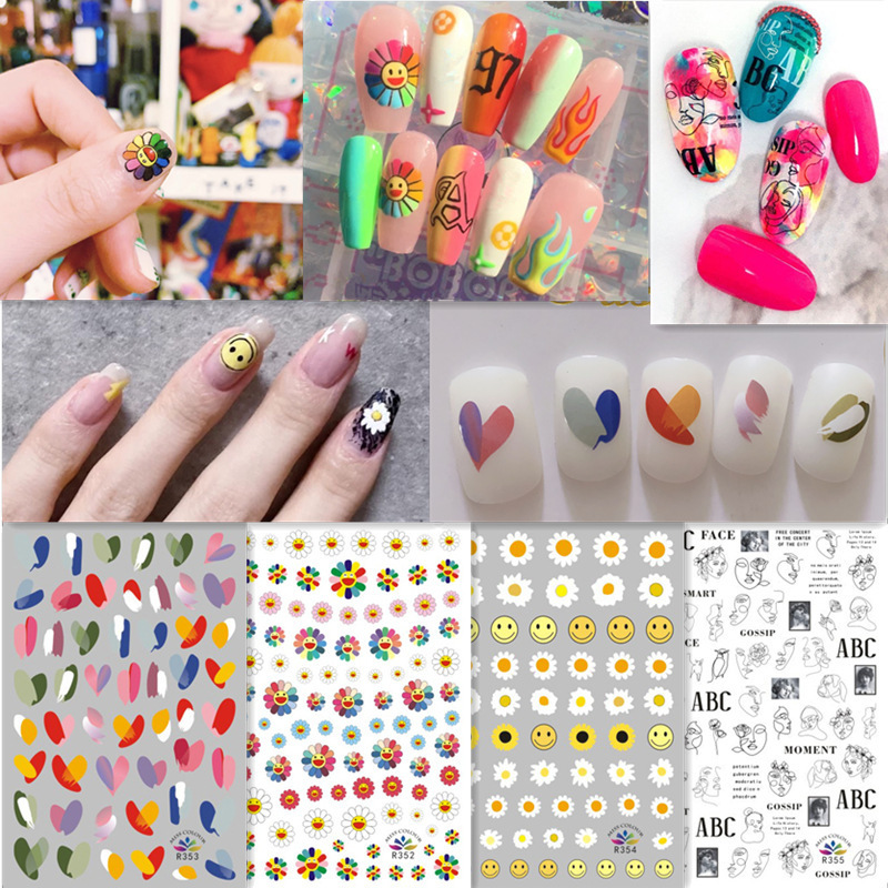 Graffiti Fun Nail Art Stickers Decal 3D Abstract Face Nail Decals Heart Sunflower Smiley Daisy Designs Nail Decorations Stickers