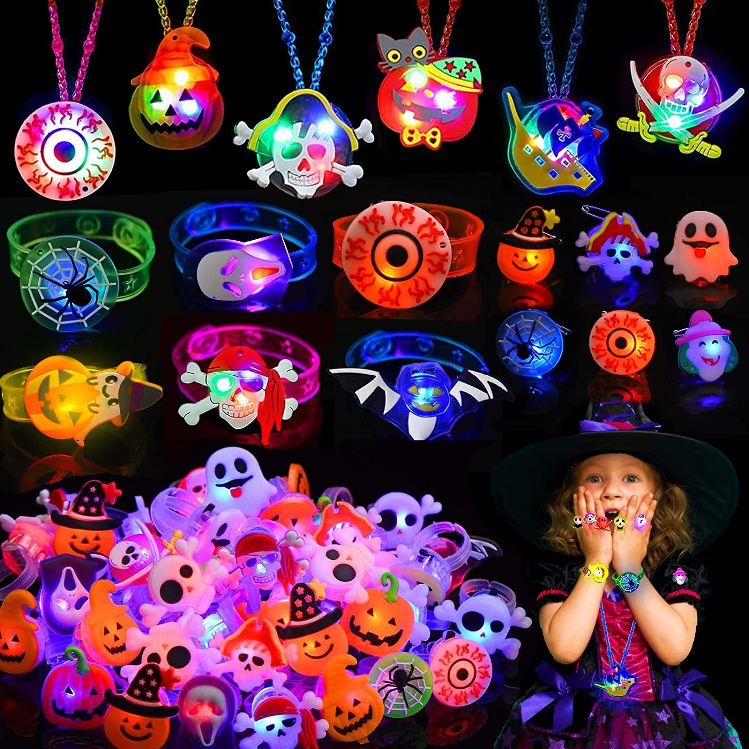 Halloween Party Favors Flashing Ring Bracelets Necklace Trinkets Glow in The Dark LED Finger Lights