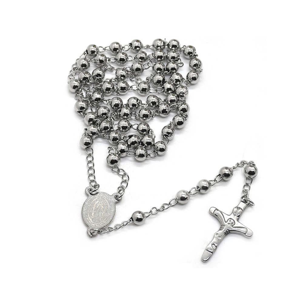 Stainless Steel Rosary Necklace 6mm Beads Cross Maria Prayer Necklace Fine Jewelry For Unisex Faith