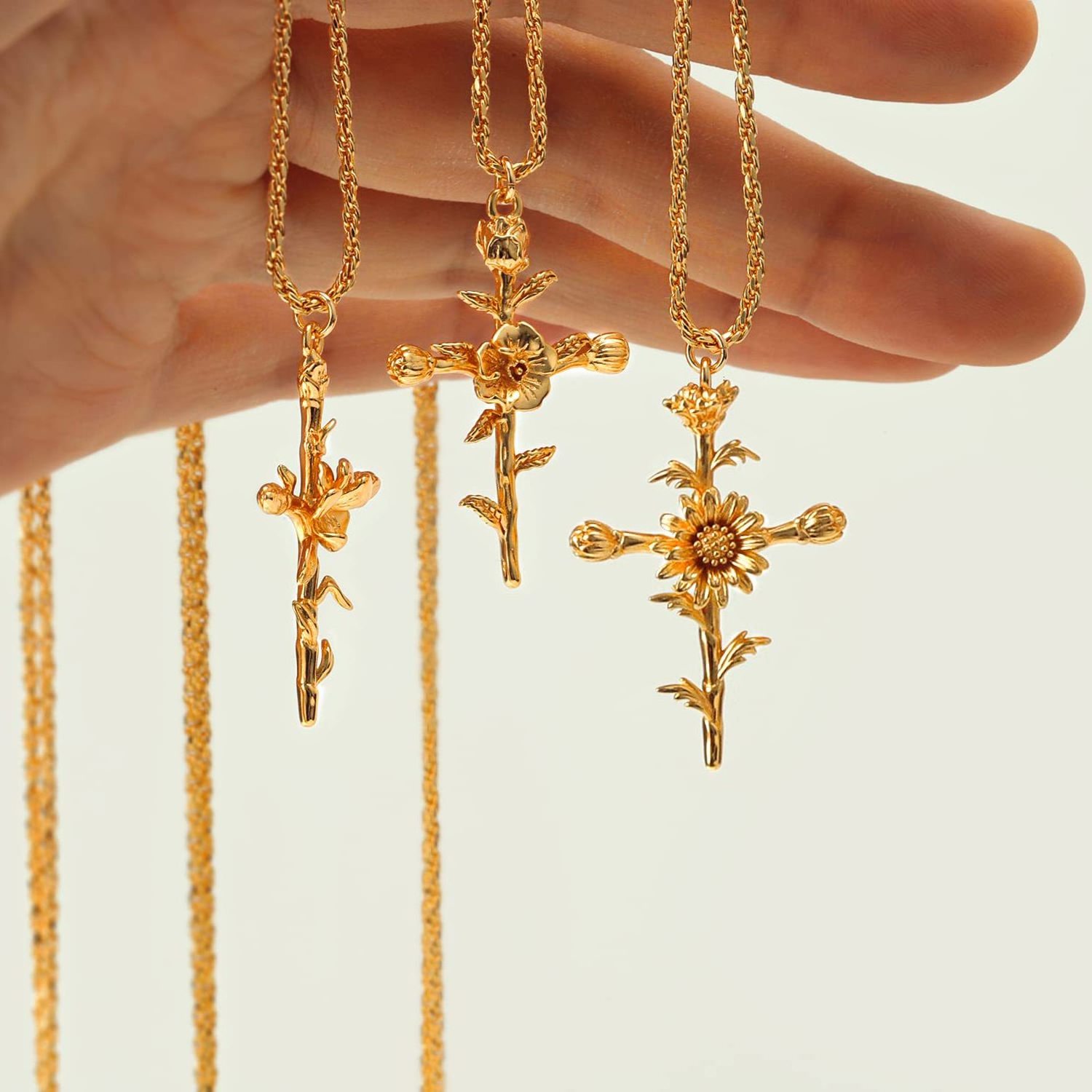 18K Gold Birthday Flowers Necklace Cross Birth Flower Pendant Necklace Stainless Steel Fine Jewelry Necklace for Women